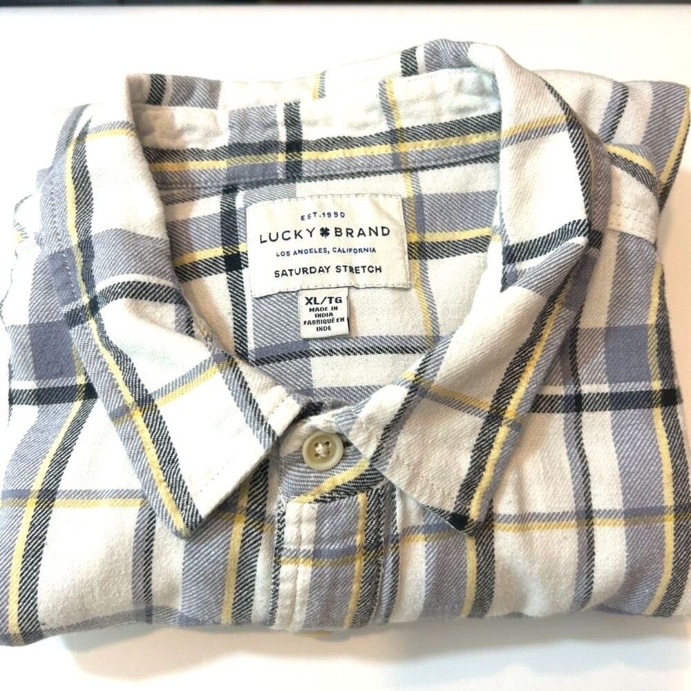 Lucky Brand Blue Yellow Plaid Button Up Shirt Size XL Camping Hiking Cozy